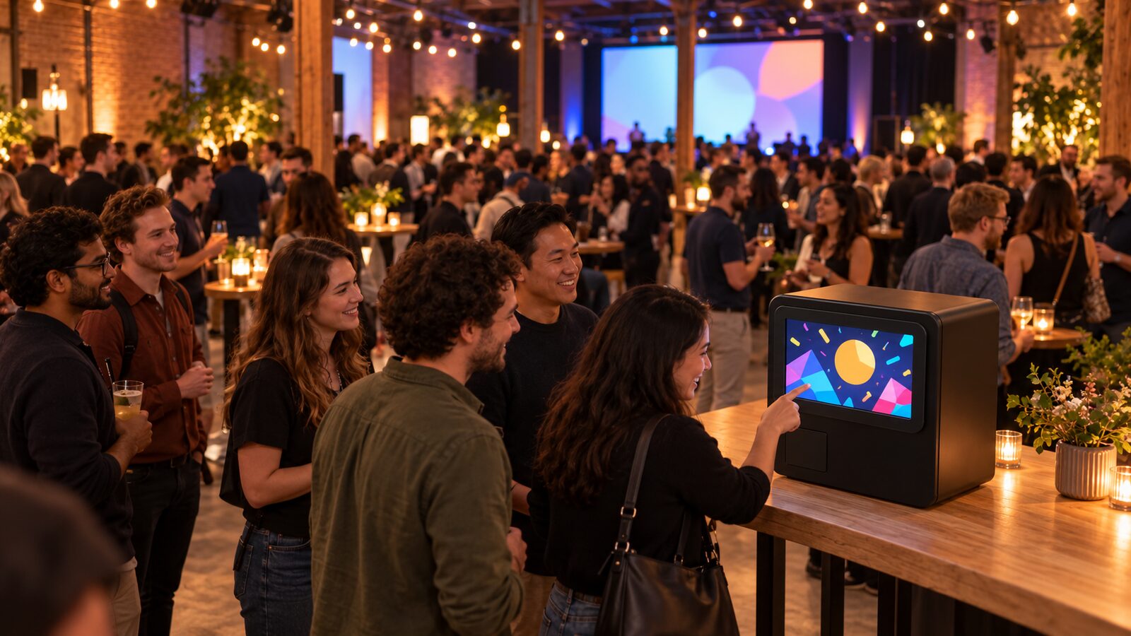 Guests gather and play around a small game box at a crowded tech meetup